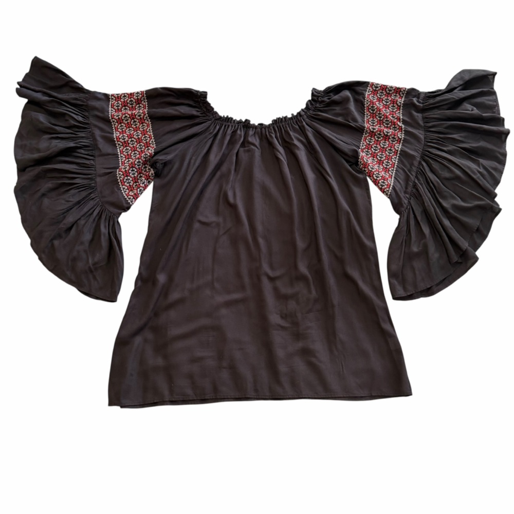 Elan Off-Shoulder Boho Blouse — Black Rayon Peasant Top (Size S)